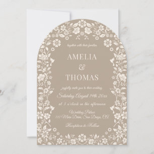 Invitación beige neutral de boda floral