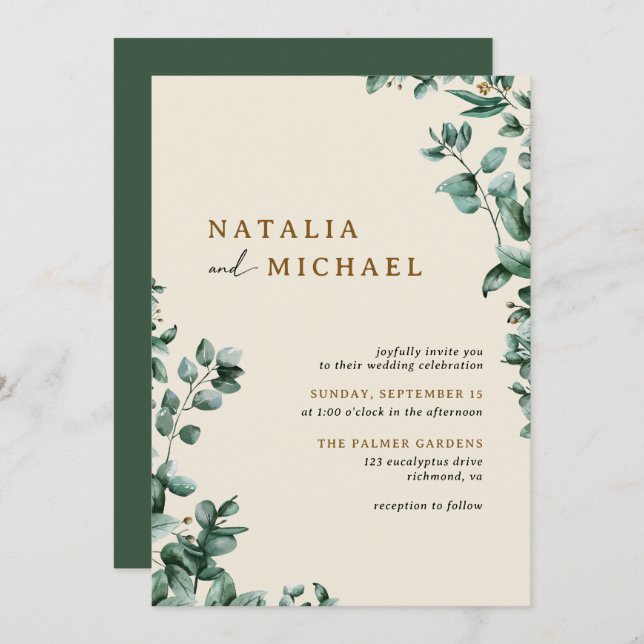 Invitación Beige neutro ruso moderno + Boda simple verde (Anverso / Reverso)