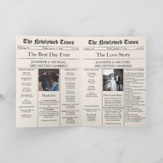 Invitación Beige Newspaper Wedding Timeline Program Story