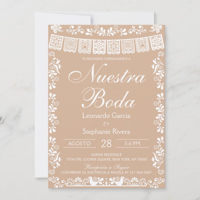 Invitación Beige Nuestra Boda Papel Picado Boda (Anverso)