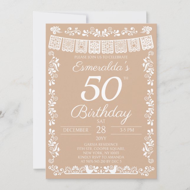 Invitación beige para 50 cumpleaños Fiesta Mexican (Anverso)