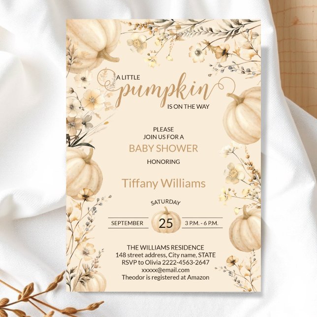 Invitación Beige Pastel Watercolor Calabaza caída flores silv (Rustic Pumpkin Baby Shower Invitation | Neutral Fall Floral Autumn Theme)
