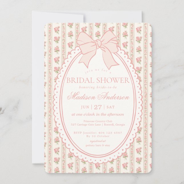 Invitación Beige & Peach Vintage Fancy Floral Bridal Shower (Anverso)