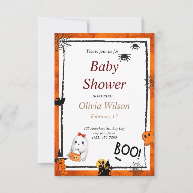 Invitación Beige Pink Boho Ilustró Baby Shower de Halloween (Anverso)