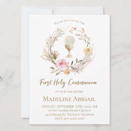 Invitación beige pink flowers wreath First Communion