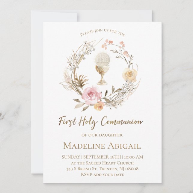 Invitación beige pink flowers wreath First Communion (Anverso)