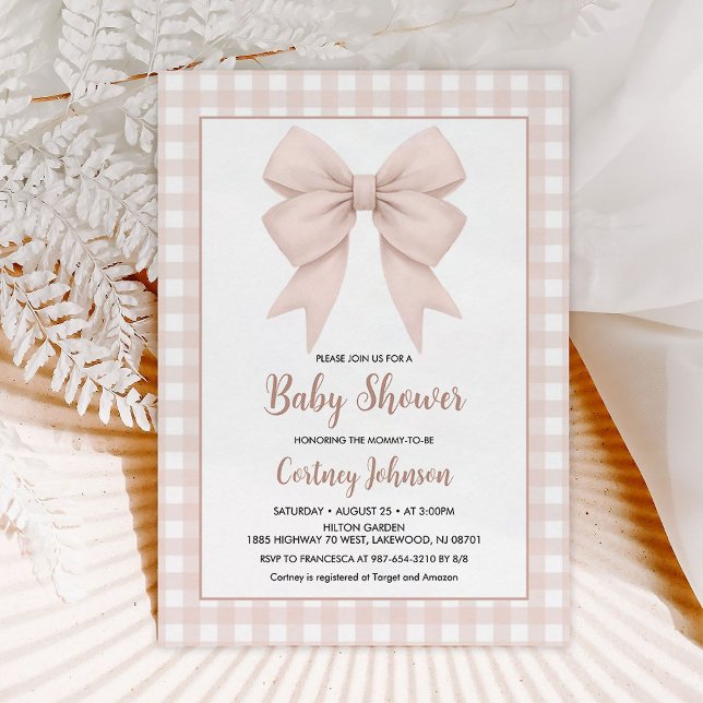Invitación Beige Plaid Y Beige Bow Baby Shower (Subido por el creador)