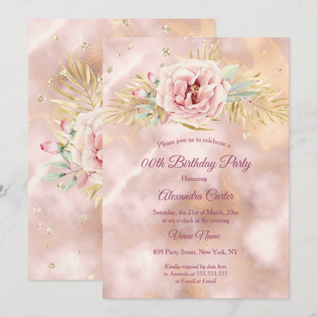 Invitación Beige purpurina de mármol rosa de la flor (Anverso / Reverso)