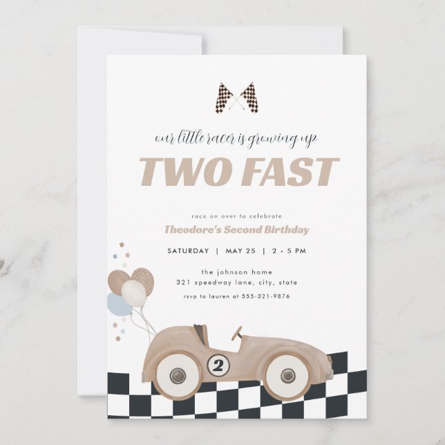 Invitación Beige Race Car Two Fast Second Birthday Invite  (Anverso)