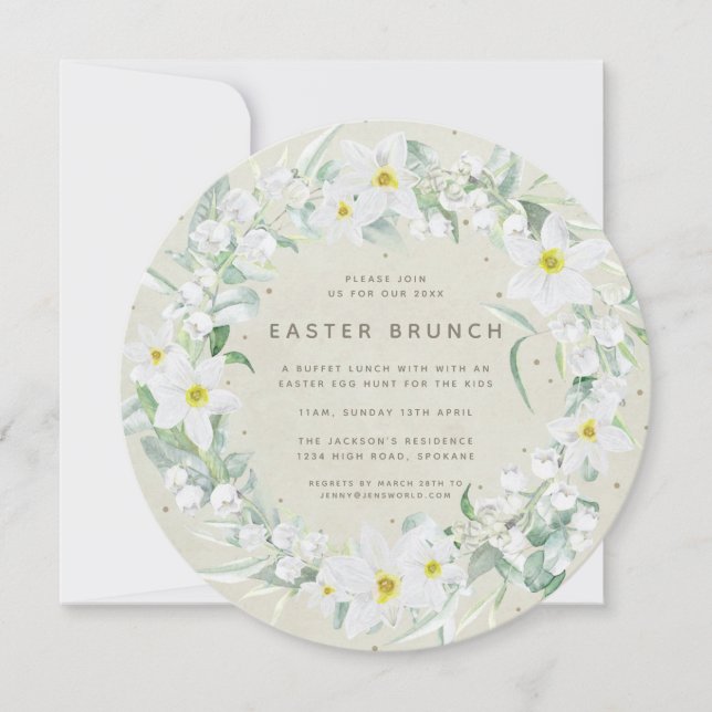 Invitación Beige redondo + Brunch de Pascua floral blanco (Anverso)