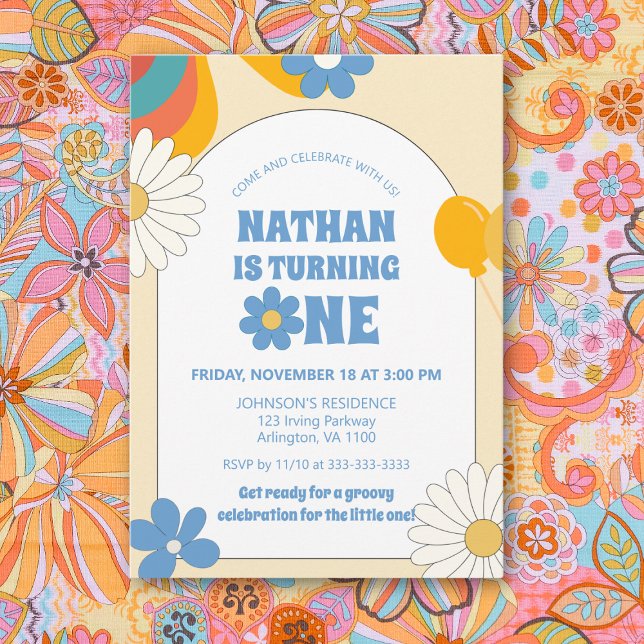 Invitación Beige Retro Vinyl Primer niño Cumpleaños Groovy Fl (Subido por el creador)