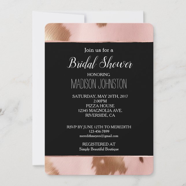 Invitación Beige Rosa Oro Vaquera Cuero de Vaca (Anverso)