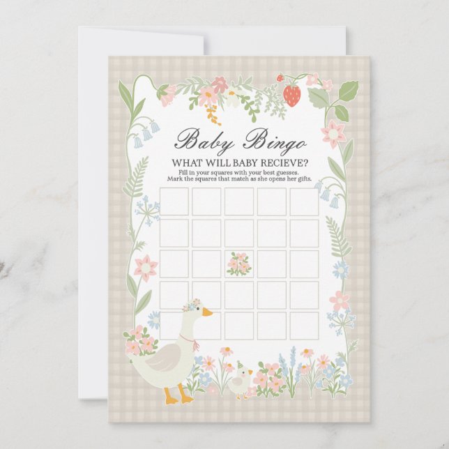 Invitación Beige Silly Goose Floral Gingham Baby Bingo (Anverso)