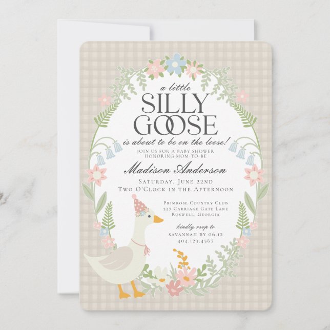 Invitación Beige Silly Goose Floral Gingham Baby Shower (Anverso)