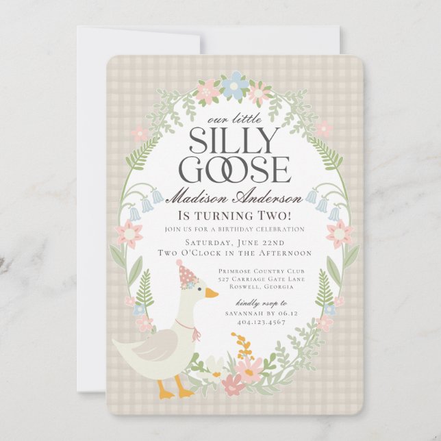 Invitación Beige Silly Goose Floral Gingham Birthday Party (Anverso)