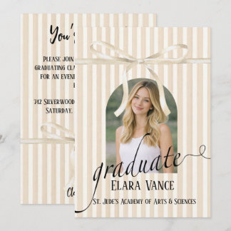 Invitación Beige Stripe Coquette Bow Graduation