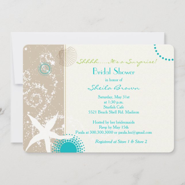 Invitación Beige Tan Aqua Beach Surprise Bridal Shower (Anverso)
