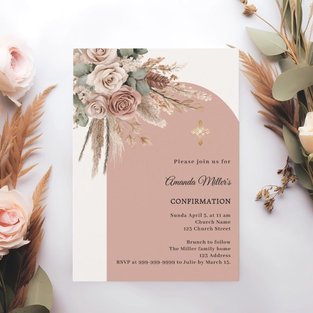Invitación Beige taupe roses pampas arch ivory Confirmation (Subido por el creador)