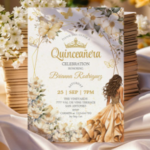 Invitación Beige Tiara Floral Mariposa Quinceañera