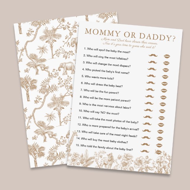 Invitación Beige Toile Baby Shower Mommy or Daddy Game Card (Beige Toile Baby Shower Mommy or Daddy Game Card)