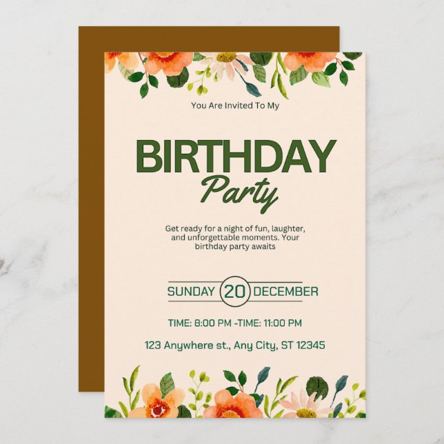 Invitación Beige Verde Aniversario de la Floral Simple (Anverso / Reverso)