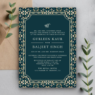 Invitación Beige Verde azulado oscuro Ikat Anand Karaj Sikh B