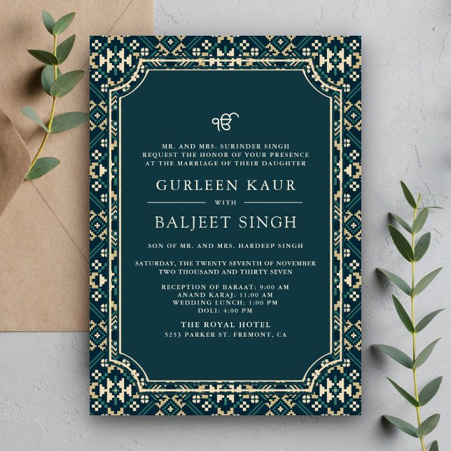 Invitación Beige Verde azulado oscuro Ikat Anand Karaj Sikh B (Subido por el creador)