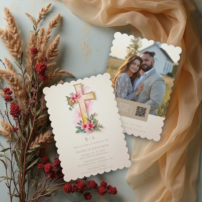 Invitación Beige Watercolor Pastel Floral Cross-Shape Wedding (Beige Watercolor Style Pastel Floral Cross-Shape Christian Wedding Invitation Cards.)