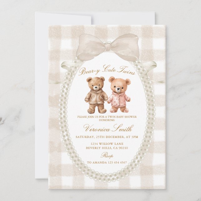 Invitación Beige White Bear-y Cute Twins Bear Baby Shower (Anverso)