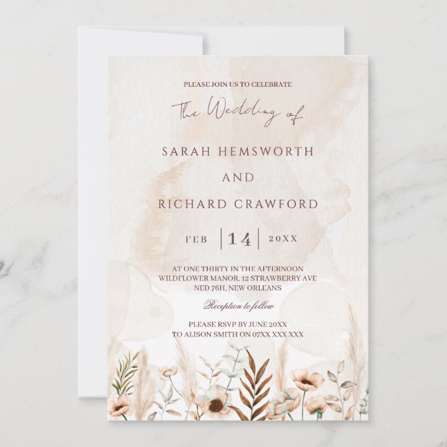 Invitación Beige Wildflower Floral Garden Boho Boda (Anverso)