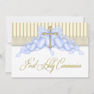 Invitación Beige y Azul Cruz de Oro Primera Comunión Niño