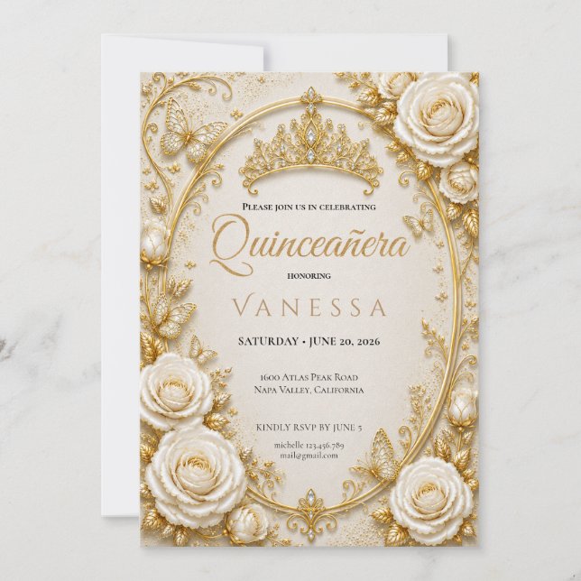 Invitación Beige y Dorada de Quinceañera (Anverso)