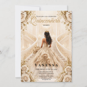 Invitación beige y dorada para Quinceañera
