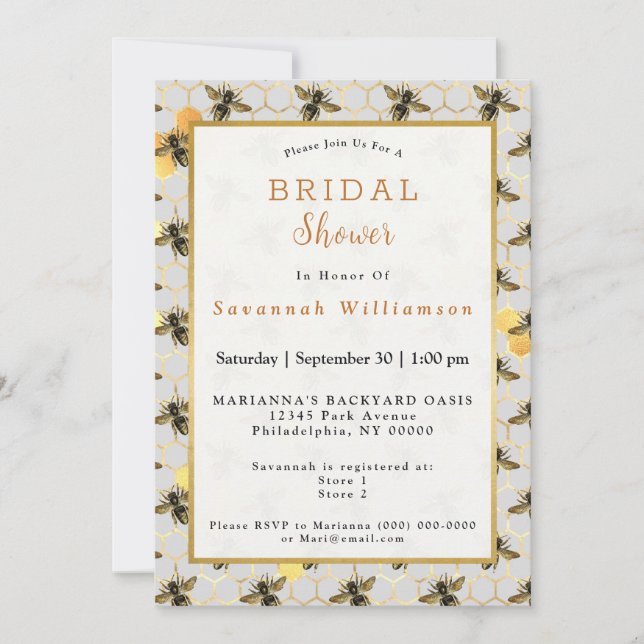 Invitación Beis Gold Honeycomb Bridal Shower (Anverso)