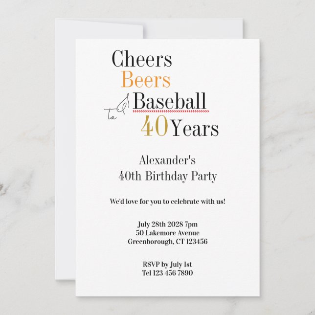 Invitación Béisbol Cheers and Beers 40.º Fiesta de cumpleaños (Anverso)
