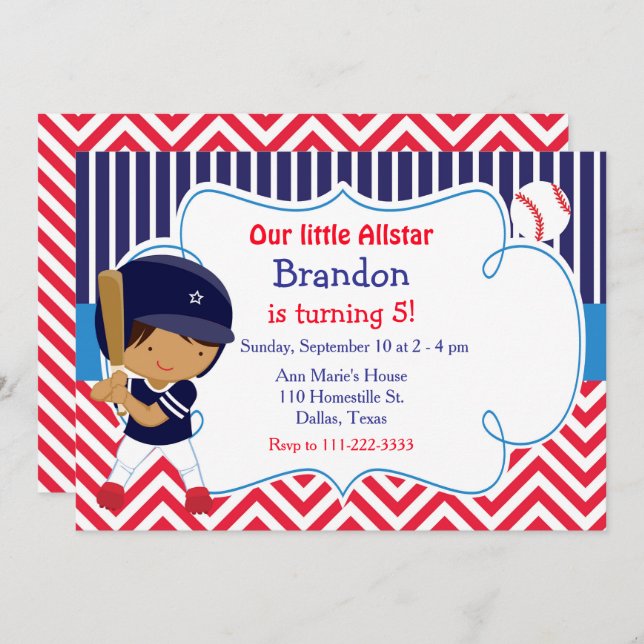 Invitación Béisbol Cute niño afroamericano cumpleaños (Anverso / Reverso)