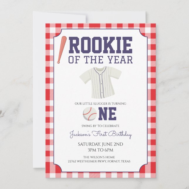 Invitación Béisbol de cuadros Cumpleaños número 1 (Anverso)