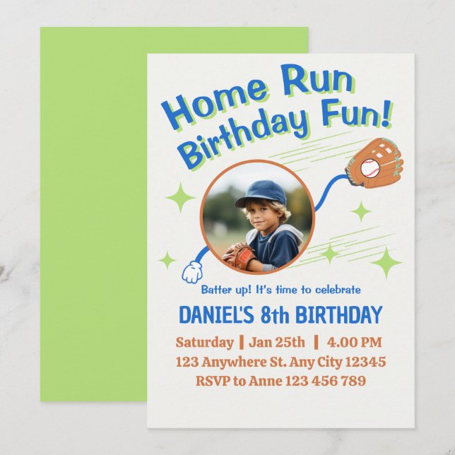 Invitación Béisbol de Jonrón Cumpleaños de Niños (Anverso / Reverso)