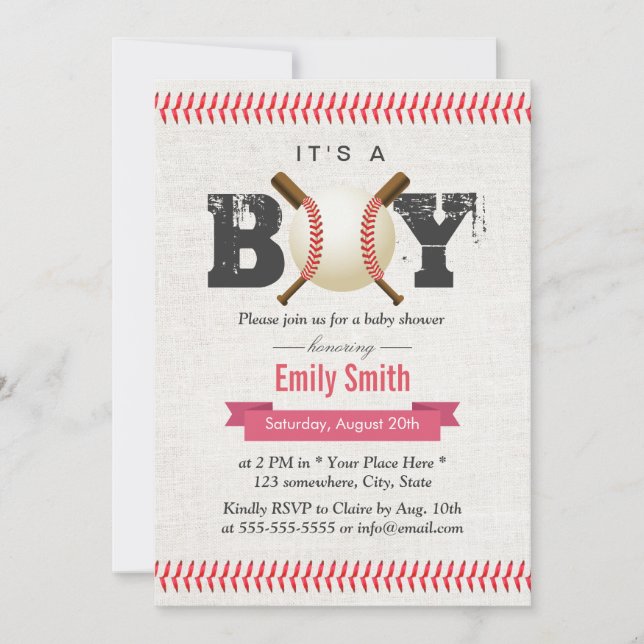 Invitación Béisbol: Es un joven deportivo Baby Shower (Anverso)