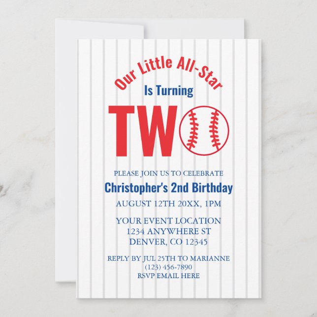 Invitación Béisbol Estrellas 2do Cumpleaños (Anverso)