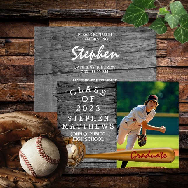 Invitación Béisbol Jugador Deportivo Rústico de Fotos Graduad (Subido por el creador)