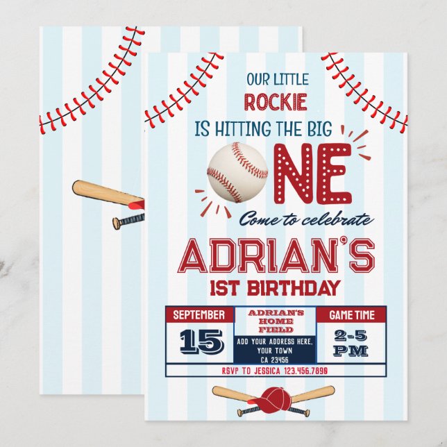 Invitación Béisbol niño de 1 cumpleaños (Anverso / Reverso)