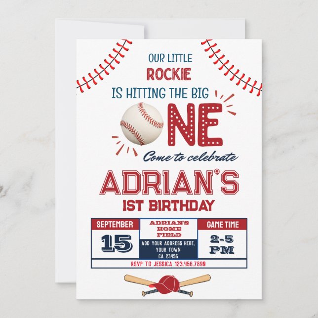 Invitación Béisbol niño de 1 cumpleaños (Anverso)