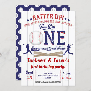 Invitación Béisbol, primer cumpleaños para los gemelos, prime