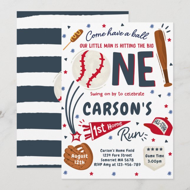 Invitación Béisbol Primera fiesta de cumpleaños de Home Run (Anverso / Reverso)
