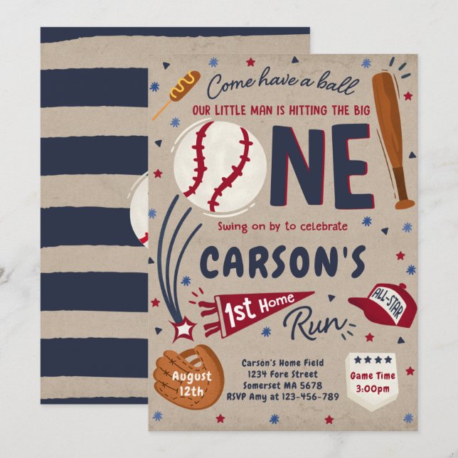 Invitación Béisbol Primera fiesta de cumpleaños de Home Run (Anverso / Reverso)