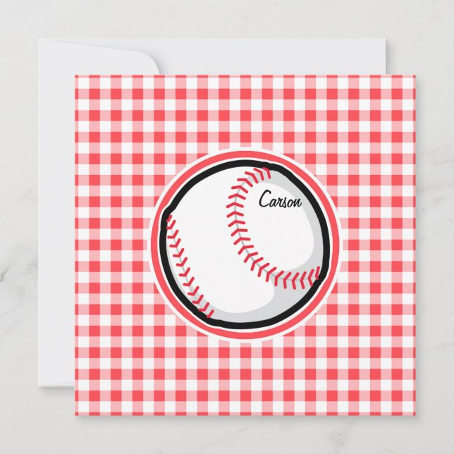 Invitación Béisbol: Red y White Gingham (Anverso)