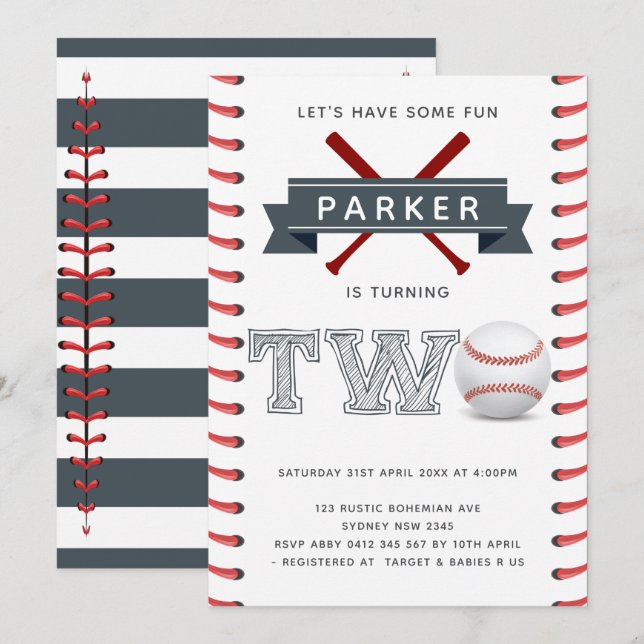 Invitación Béisbol Segundo Niño de Cumpleaños (Anverso / Reverso)