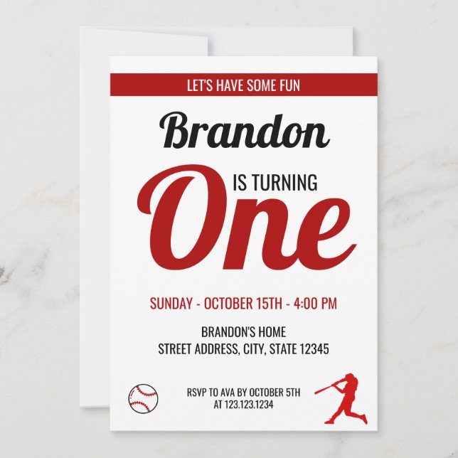 Invitación Béisbol simple rojo y negro primer cumpleaños (Anverso)