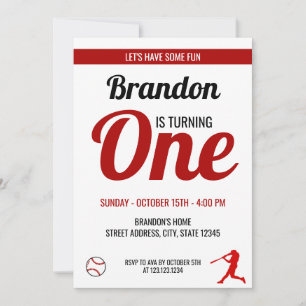 Invitación Béisbol simple rojo y negro primer cumpleaños